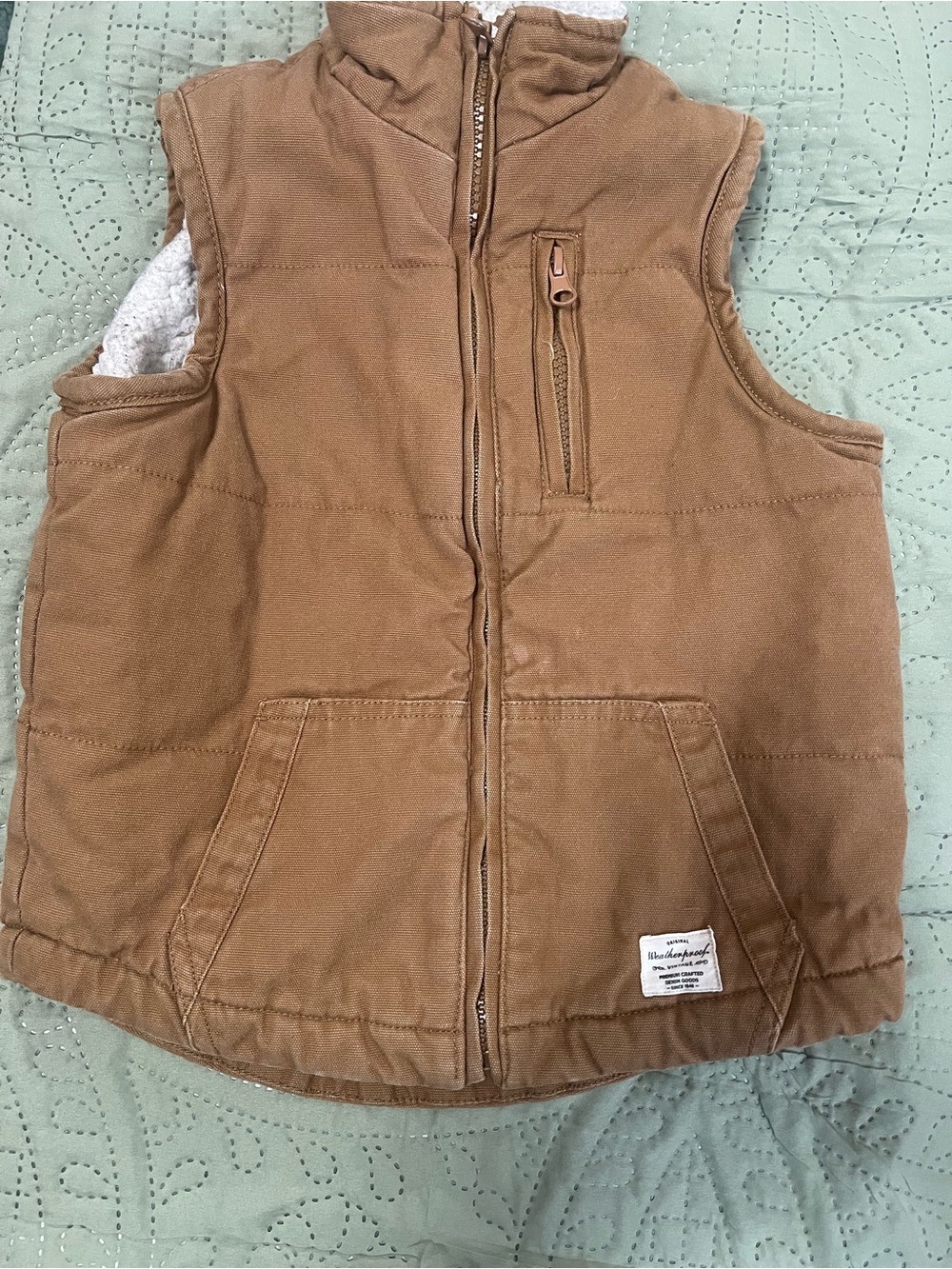 Kids Tan Sherpa-Lined Vest with Front Zip and Pockets